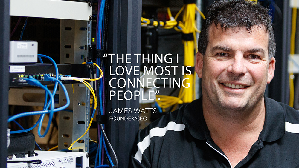 
                    Founder/CEO of Inspire Net, James Watts, stands proudly in front of a server rack.
                    A quote reads, the thing I love most is connecting people.
                